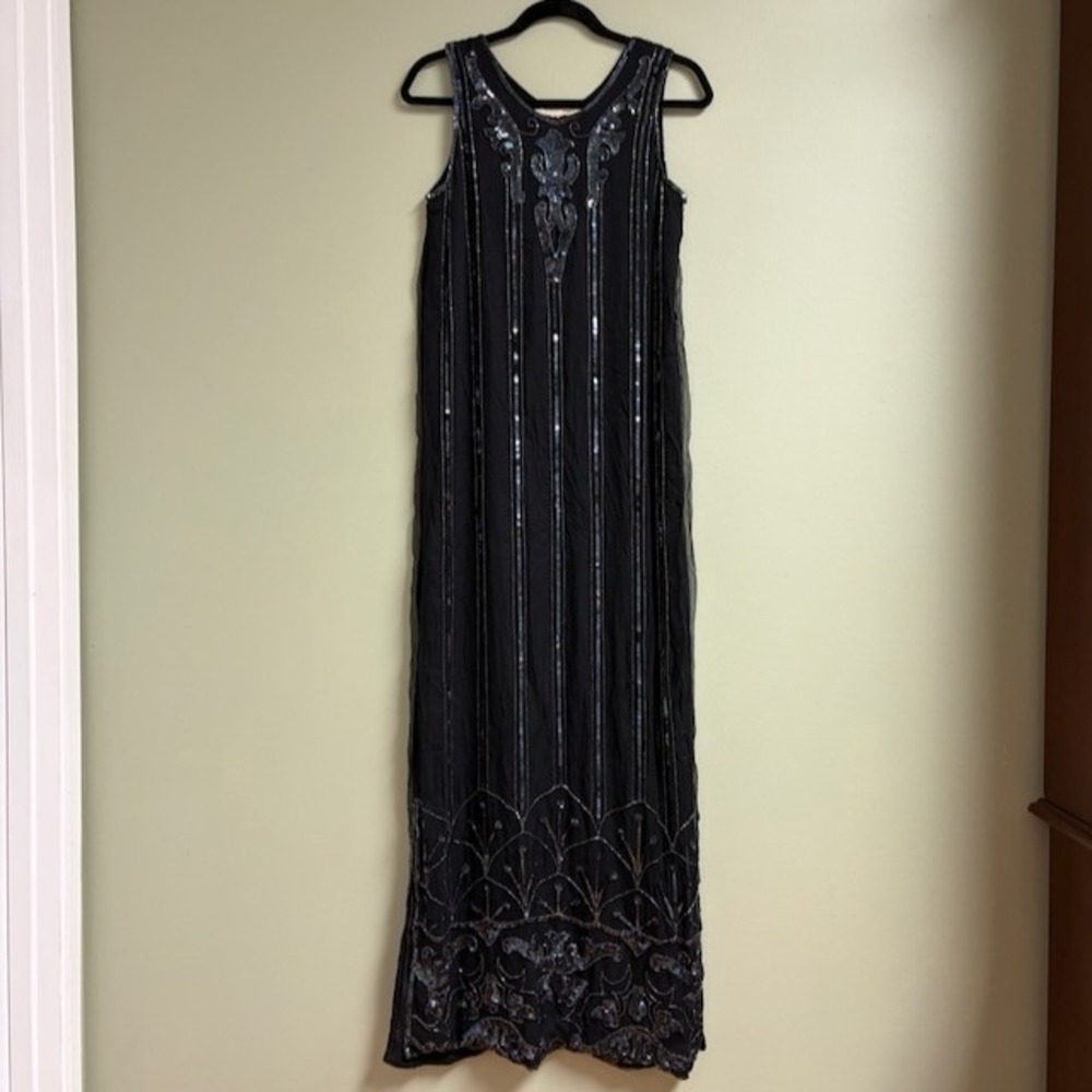 Sister Max Women's Vintage Beaded Silk Maxi Gown Black Sequin Evening M